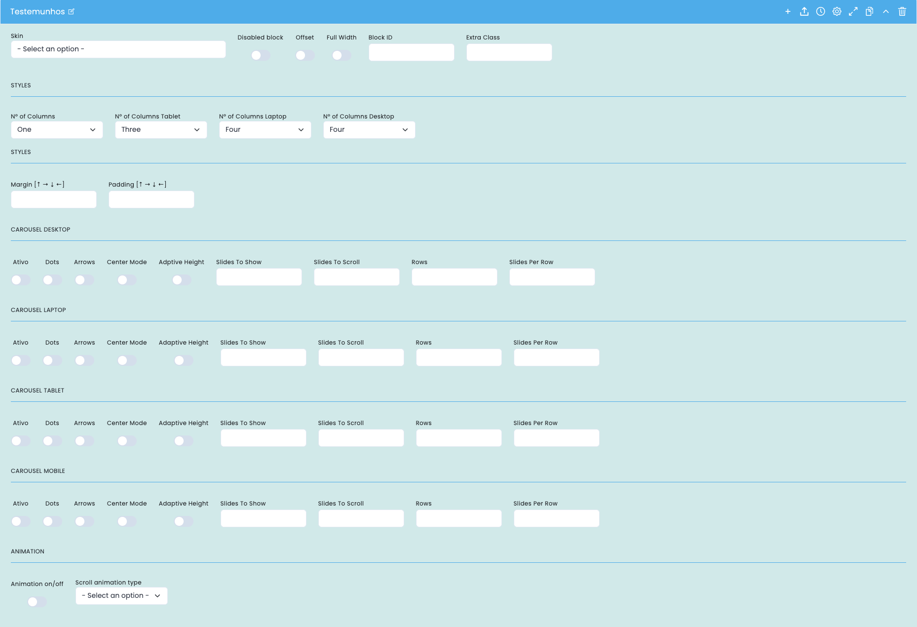 Configurações avançadas do bloco testemunhos